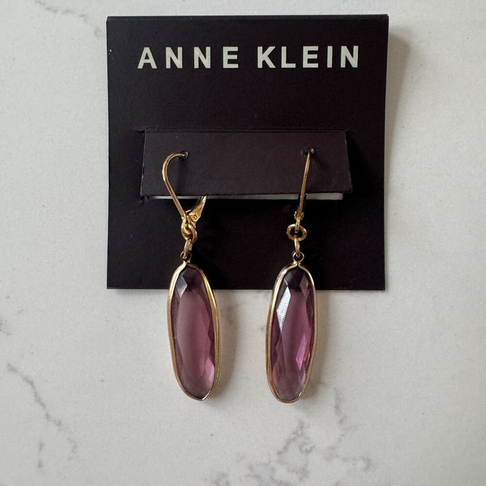 2 Anne Klein Gold-Tone Dangle Earrings – Teardrop Gem Cluster & Lavender Glass - Picture 3 of 14